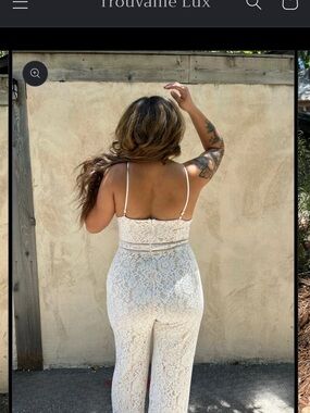 Lace Spaghetti-Strap Jumpsuit Dress in White